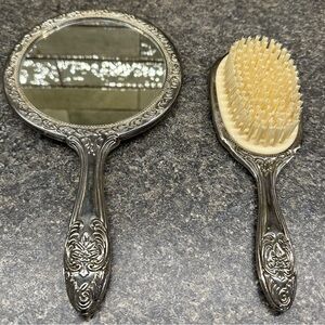 Elegant Vintage Silver Hand Mirror and Brush Set